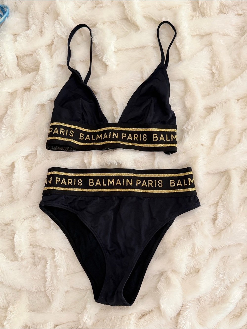 Balmain Black Bikini Set with Metallic Gold Logo Trim